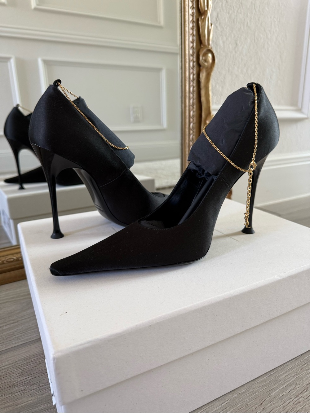NWB Yves Saint Laurent Black Satin Pointed Stiletto Pumps with Gold Chain Heel